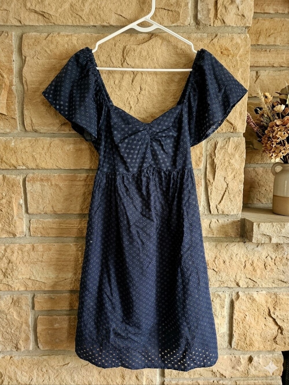 Boho Casual Off-Shoulder Navy Midi Dress with Eyelet Detail